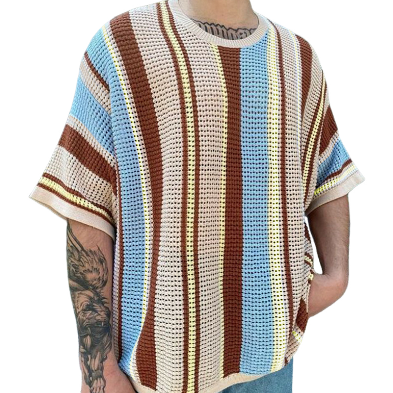 Men's Casual Contrast Color Striped Knit Loose Collar Short Sleeve Sweater T-Shirt ASW1066D4M