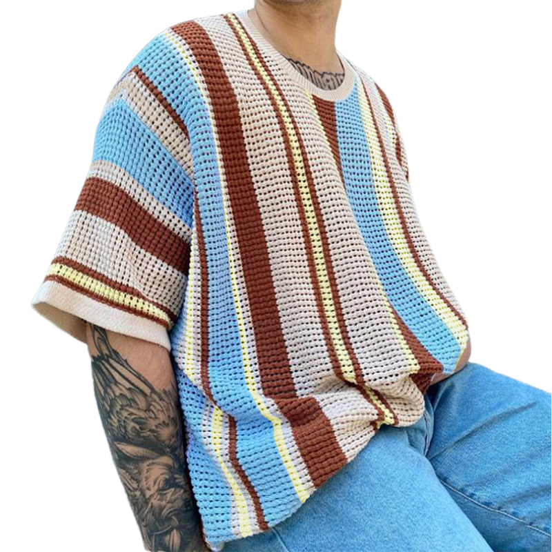 Men's Casual Contrast Color Striped Knit Loose Collar Short Sleeve Sweater T-Shirt ASW1066D4M