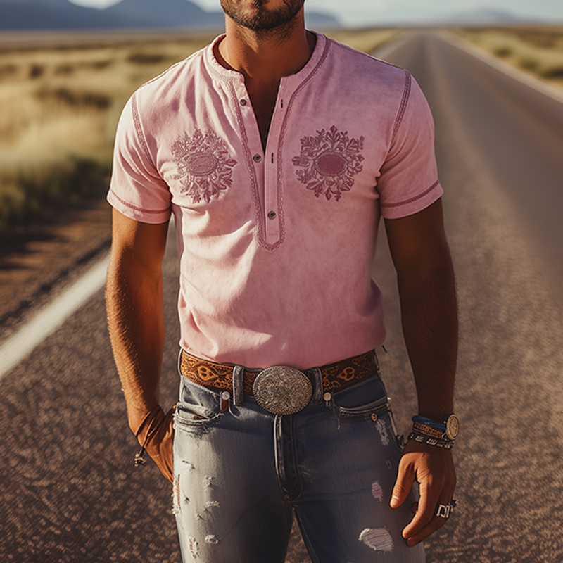 Men's Spring/Summer Fashion Retro Western Style Suede Henley Collar Short Sleeve T-Shirt 