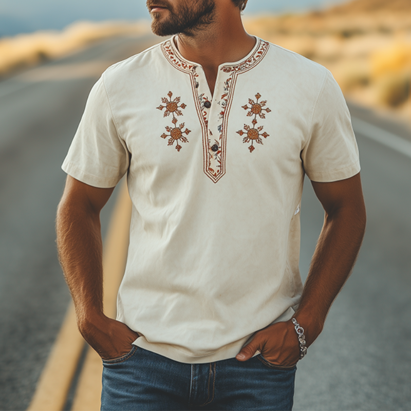 Men's Spring Summer Fashion Retro Western Style Beard Suede Henry Collar T-Shirt