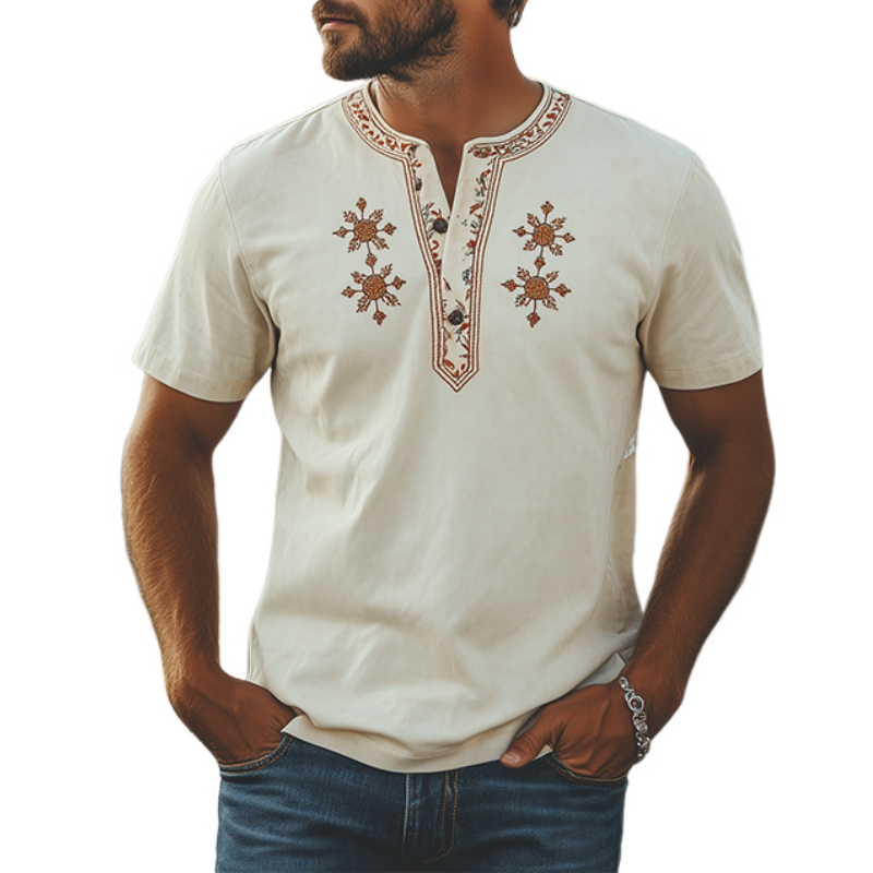 Men's Spring Summer Fashion Retro Western Style Beard Suede Henry Collar T-Shirt