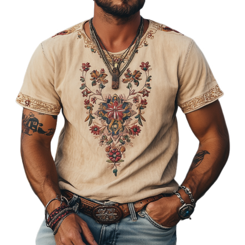 Men's Spring and Summer Classic Retro Western Style Suede Embroidered Short Sleeve T-Shirt 