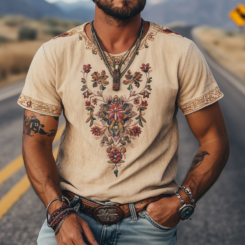 Men's Spring and Summer Classic Retro Western Style Suede Embroidered Short Sleeve T-Shirt 