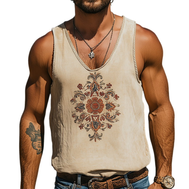 Men's Spring/Summer Classic Retro Western Style Ramie Embroidered Tank Top 