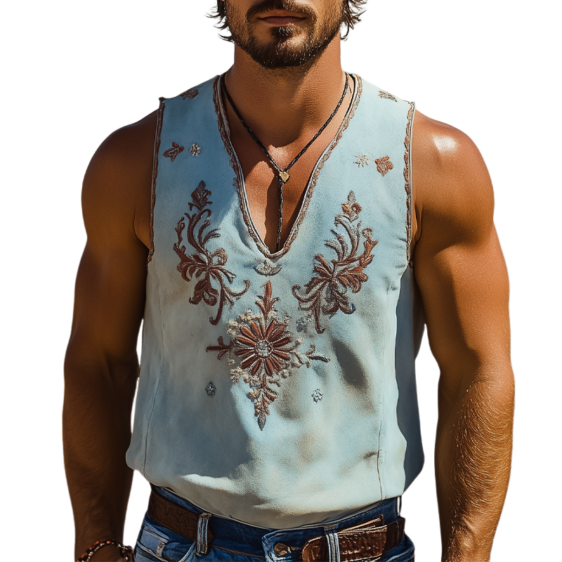 Men's Spring/Summer Classic Retro Western Style Deep V-Neck Suede Embroidered Tank Top 