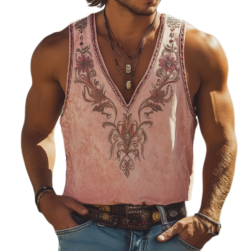 Men's Spring and Summer Fashion Classic Retro Western Style Deep V Neck Suede Embroidered Tank Top 