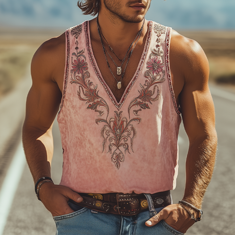 Men's Spring and Summer Fashion Classic Retro Western Style Deep V Neck Suede Embroidered Tank Top 