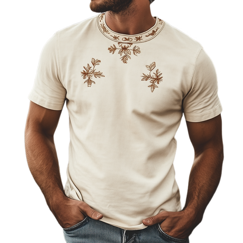 Men's Spring Fashion Classic Retro Western Style Round Neck Suede Embroidered Short Sleeve T-Shirt 
