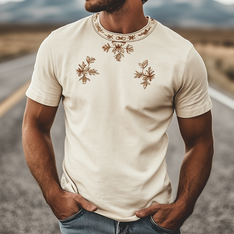 Men's Spring Fashion Classic Retro Western Style Round Neck Suede Embroidered Short Sleeve T-Shirt 