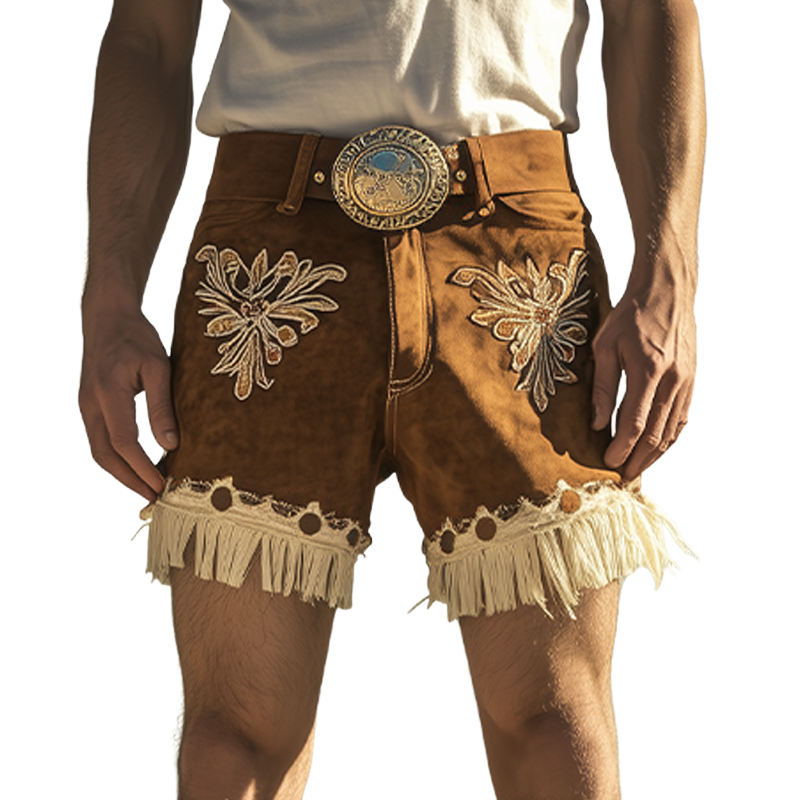 Men's Spring and Summer Fashion Retro Western Style Suede Embroidered Tassel Shorts (Without Belt) 