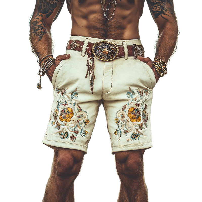 Men's Spring and Summer Fashion Retro Western Style Suede Exquisite Embroidery Shorts (Without Belt) 