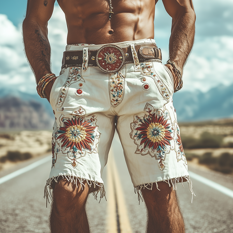 Men's Spring and Summer Fashion Retro Personality Thin Suede Embroidered Shorts (without belt) 