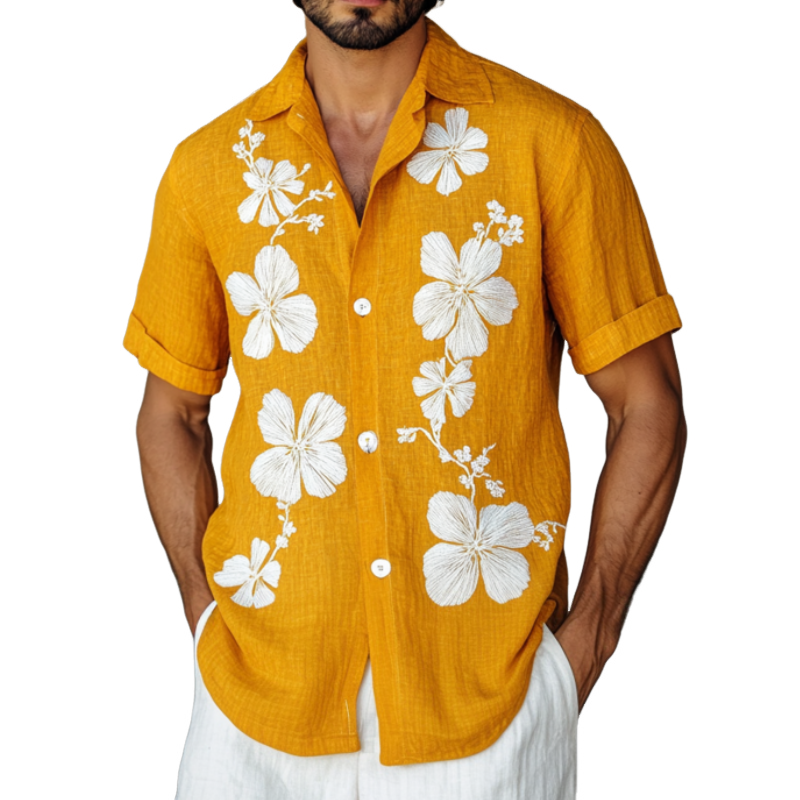 Men's Casual Flower Embroidery Cotton Linen Lapel Loose Short Sleeve Shirt 
