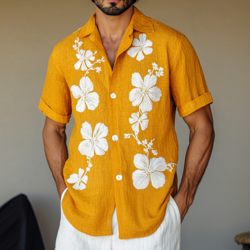 Men's Casual Flower Embroidery Cotton Linen Lapel Loose Short Sleeve Shirt 