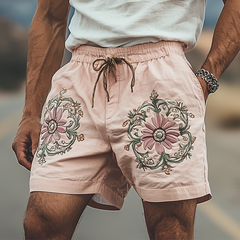 Men's Summer Fashion Casual Plain Cotton Embroidery Elastic Waist Shorts 