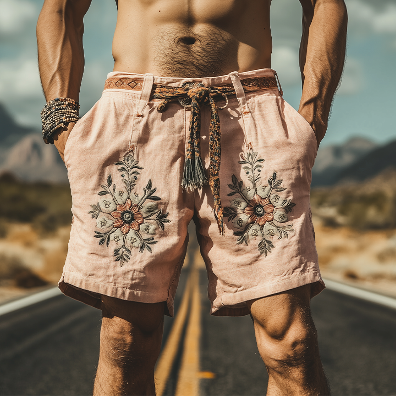 Men's Summer Fashion Casual Western Style Ramie Embroidery Shorts (Without Belt)