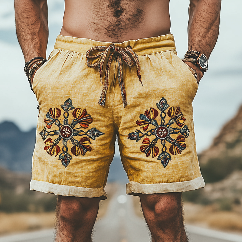 Men's Summer Fashion Casual Western Style Ramie Splicing Embroidery Shorts 