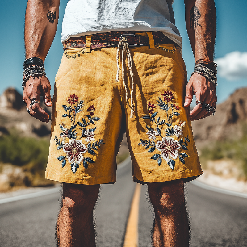 Men's Summer Fashion Casual Retro Western Style Ramie Embroidery Shorts (Without Belt) 