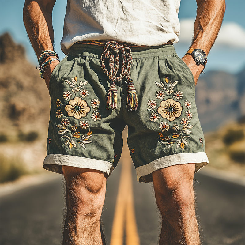 Men's Summer Fashion Casual Western Style Ramie Splicing Embroidery Shorts 