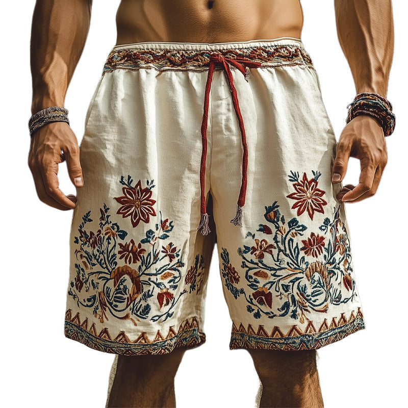 Men's Summer Retro Embroidery Loose Cotton and Linen Shorts
