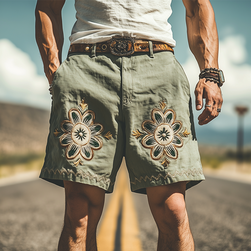 Men's Summer Fashion Casual Western Style Ramie Embroidery Shorts 