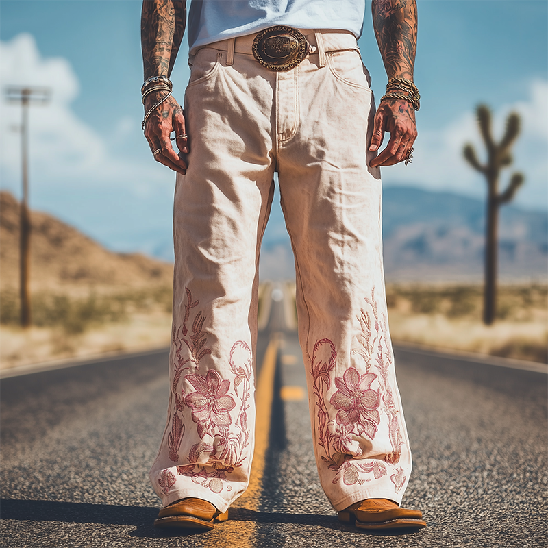 Men's Spring and Summer Fashion Personality Retro Western Style Twill Cotton Casual Embroidery Pants (Without Belt)