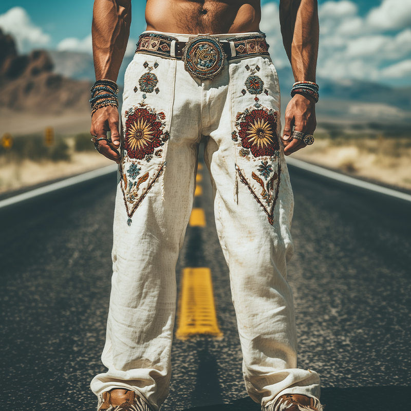 Men's Spring and Summer Fashion Personality Retro Western Style Cotton and Linen Embroidered Pants (Without Belt) 