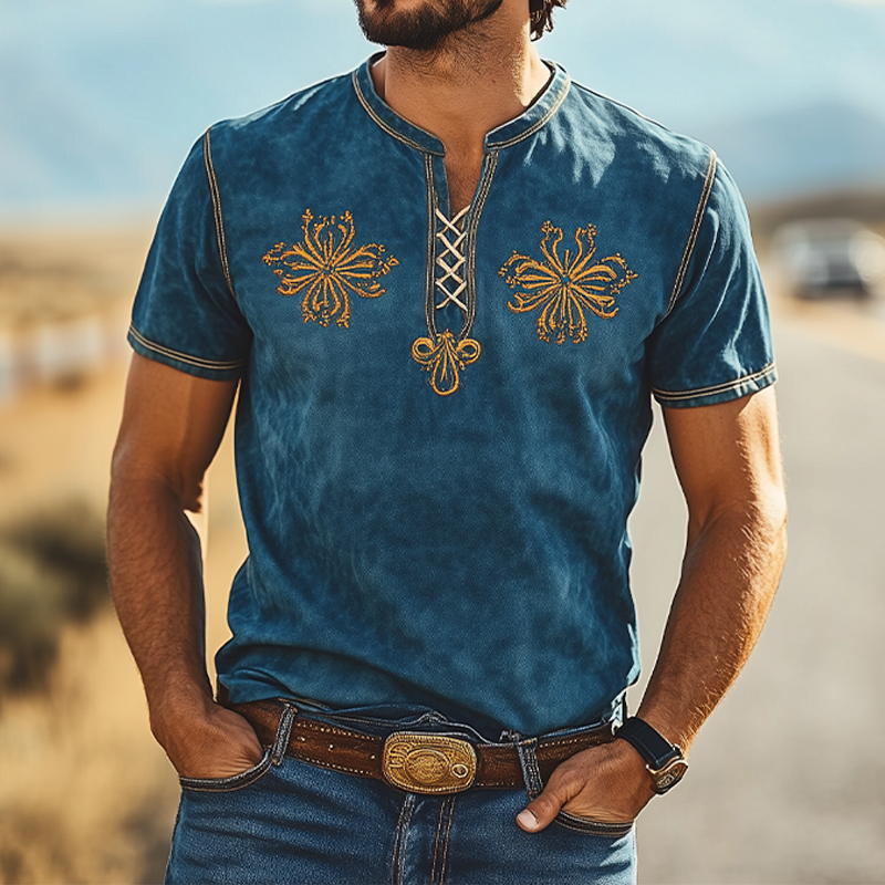 Men's Summer Fashion Retro Western Style Suede Embroidery Slim Fit Short Sleeve T-Shirt 