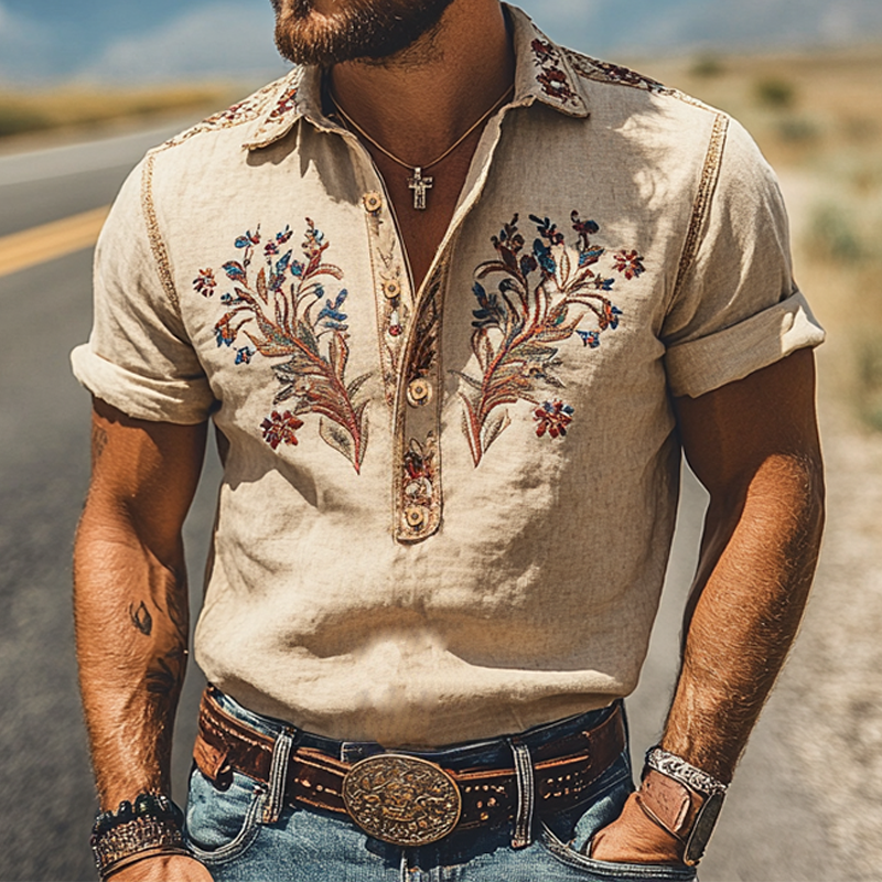 Men's Spring/Summer Fashion Western Style Ramie Embroidery Short Sleeve Shirt 