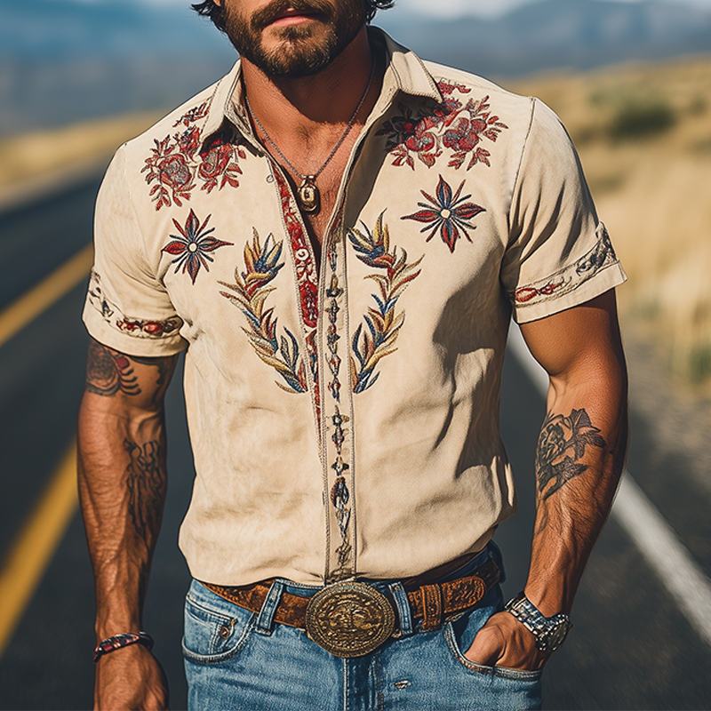 Men's Spring/Summer Fashion Retro Western Style Suede Embroidered Short Sleeve Shirt