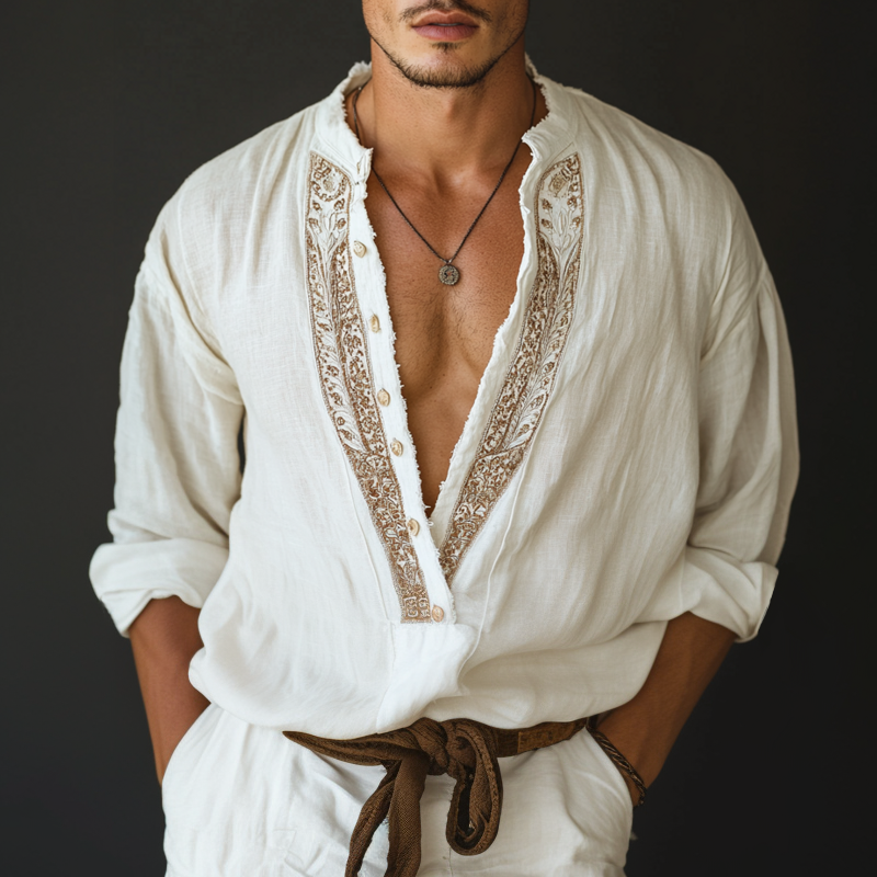 Men's Ethnic Style Embroidered V Neck Long Sleeve Cotton And Linen Shirt