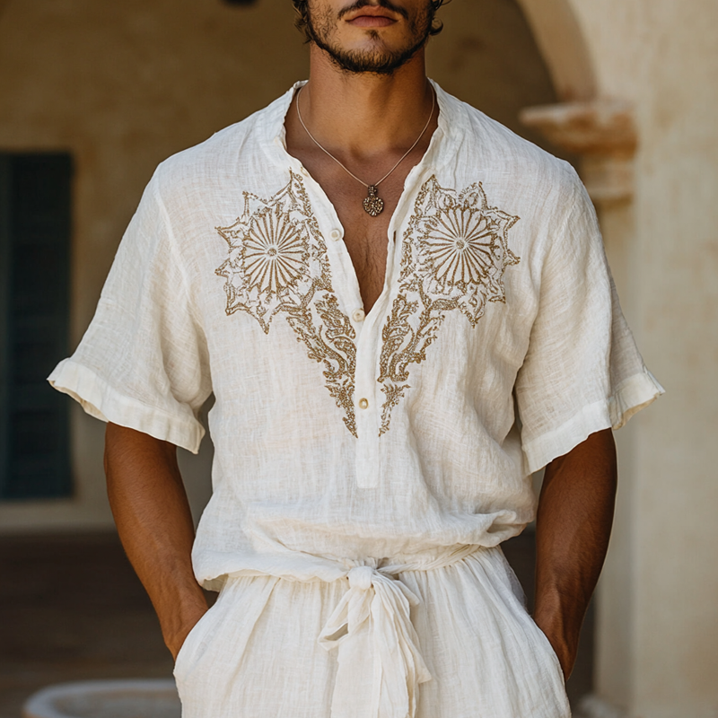 Men's Ethnic Style Embroidered Henley Collar Short Sleeve Cotton And Linen Shirt