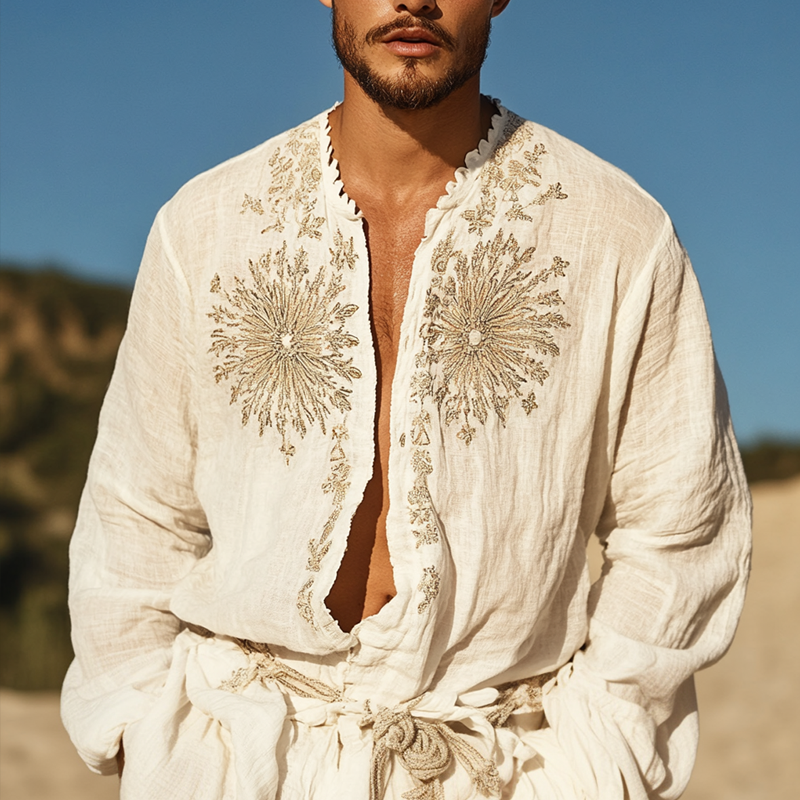 Men's Ethnic Style Embroidered Long Sleeve Single Breasted Shirt