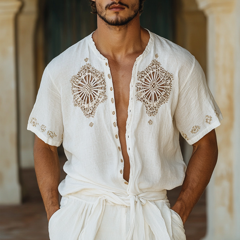 Men's Ethnic Style Hollow Stitching Short Sleeve Single Breasted Shirt 