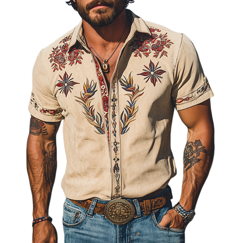 Men's Spring/Summer Fashion Retro Western Style Suede Embroidered Short Sleeve Shirt
