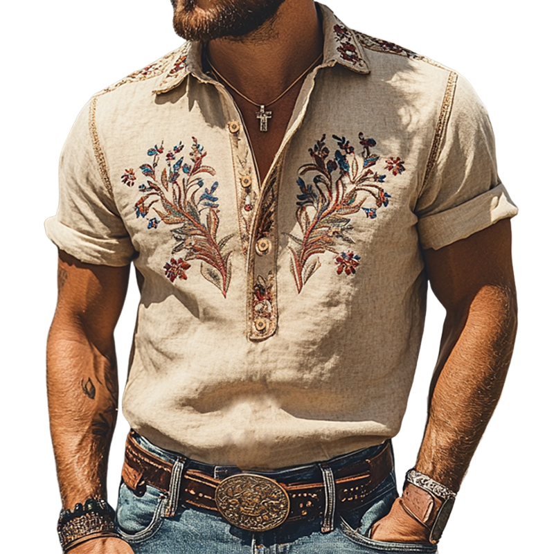 Men's Spring/Summer Fashion Western Style Ramie Embroidery Short Sleeve Shirt 