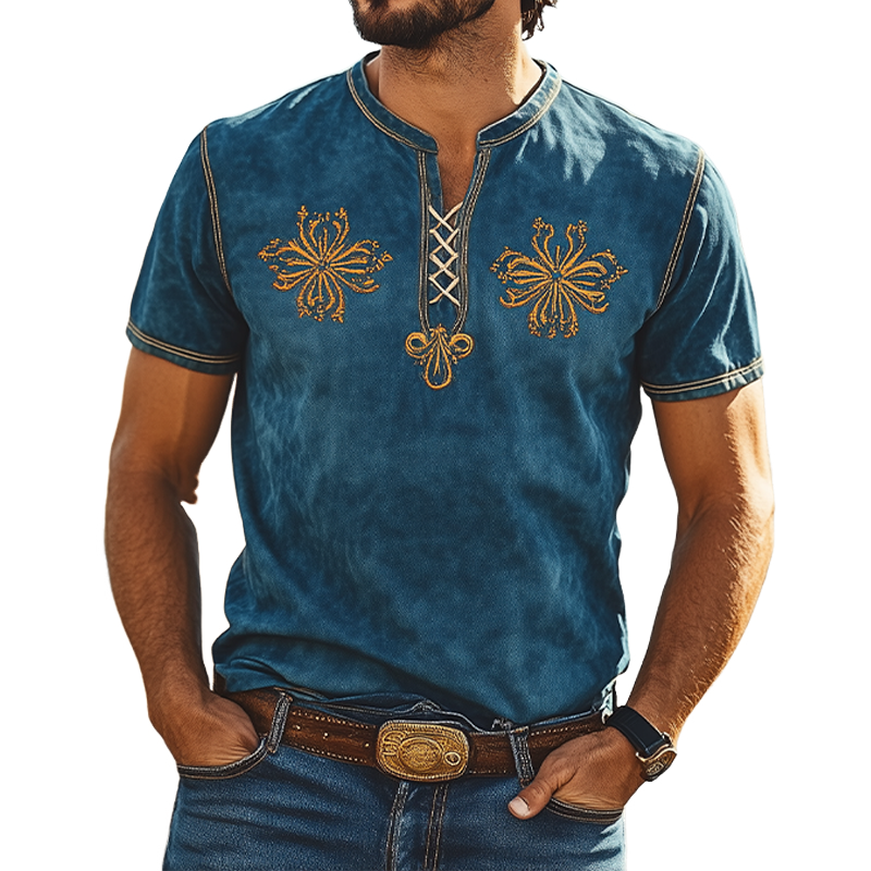 Men's Summer Fashion Retro Western Style Suede Embroidery Slim Fit Short Sleeve T-Shirt 