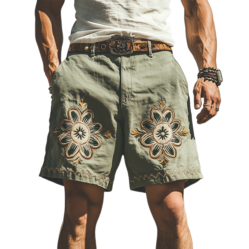 Men's Summer Fashion Casual Western Style Ramie Embroidery Shorts 