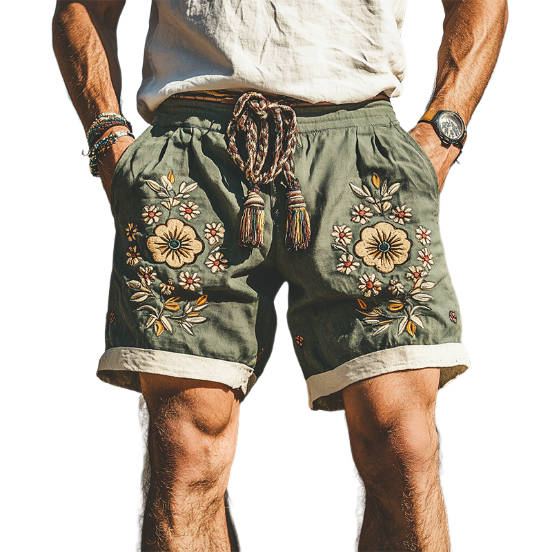 Men's Summer Fashion Casual Western Style Ramie Splicing Embroidery Shorts 