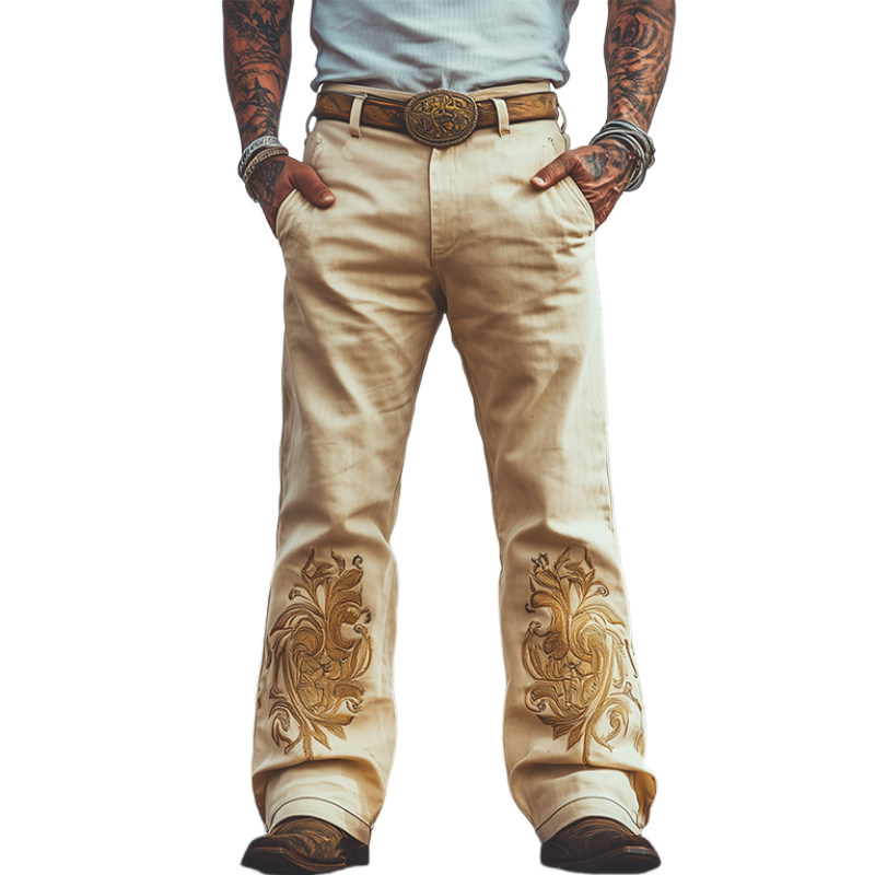 Men's Spring and Summer Fashion Retro Western Style Twill Cotton Embroidered Casual Pants (Belt Not Included) 