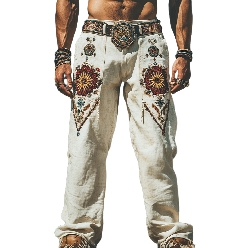Men's Spring and Summer Fashion Personality Retro Western Style Cotton and Linen Embroidered Pants (Without Belt) 