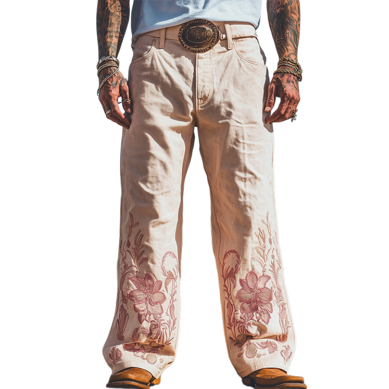 Men's Spring and Summer Fashion Personality Retro Western Style Twill Cotton Casual Embroidery Pants (Without Belt)