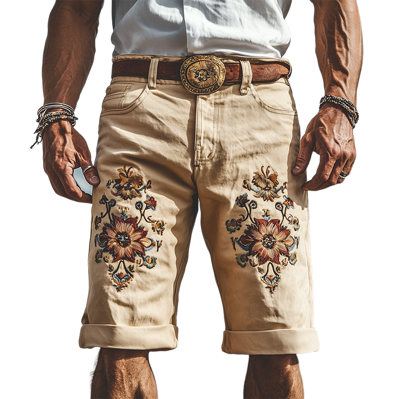 Men's Spring Summer Fashion Vintage Twill Cotton Embroidery Length to Knee Shorts (Without Belt) 