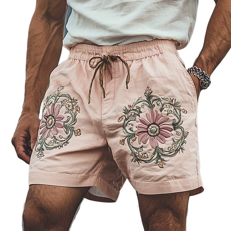 Men's Summer Fashion Casual Plain Cotton Embroidery Elastic Waist Shorts 