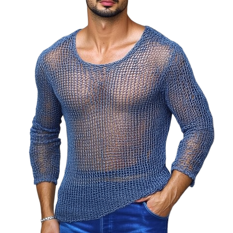Men's Casual Breathable Round Neck Hollow Knitted Slim Sweater T-Shirt ASW1475D3M