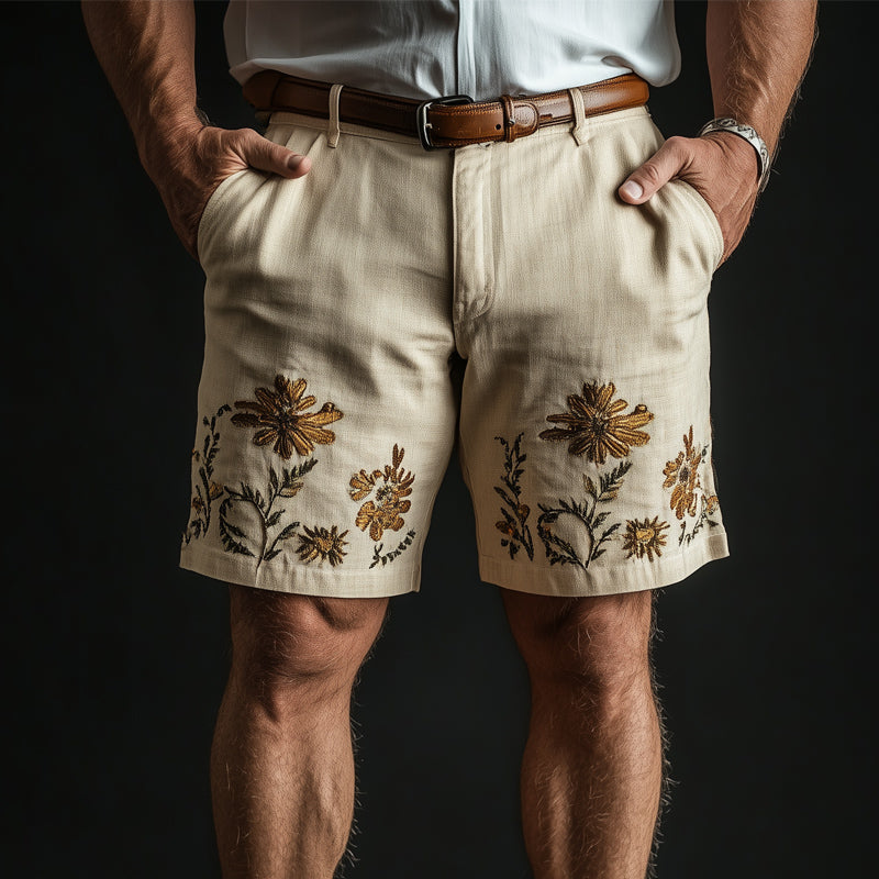 Men's Summer Cotton and Linen Floral Embroidered Shorts 