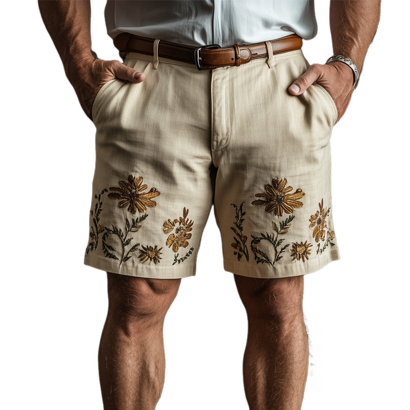 Men's Summer Cotton and Linen Floral Embroidered Shorts 