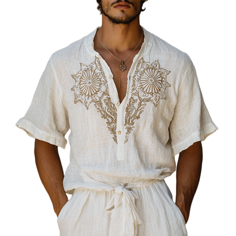 Men's Ethnic Style Embroidered Henley Collar Short Sleeve Cotton And Linen Shirt