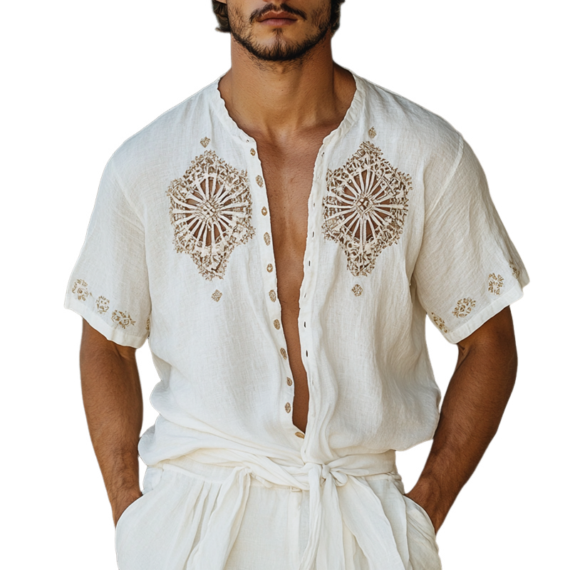 Men's Ethnic Style Hollow Stitching Short Sleeve Single Breasted Shirt 
