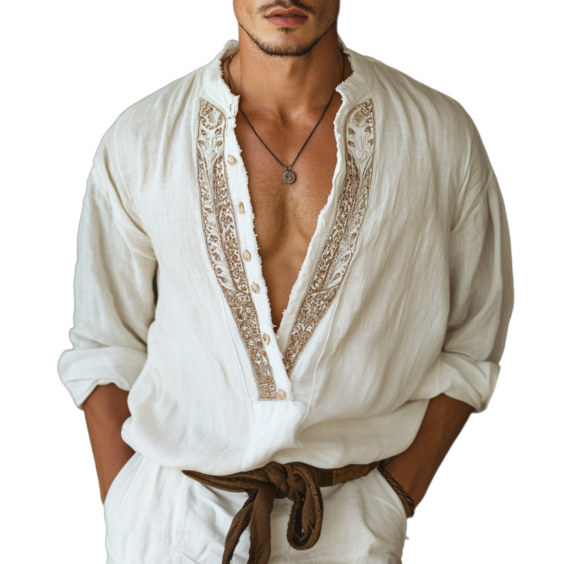 Men's Ethnic Style Embroidered V Neck Long Sleeve Cotton And Linen Shirt
